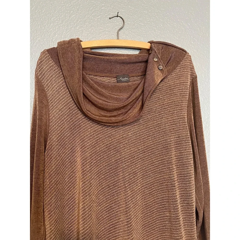 Chicos Travelers Metallic Brown Shimmer Cowl Neck Asymmetric Tunic Sz 1 US XL - Picture 4 of 16